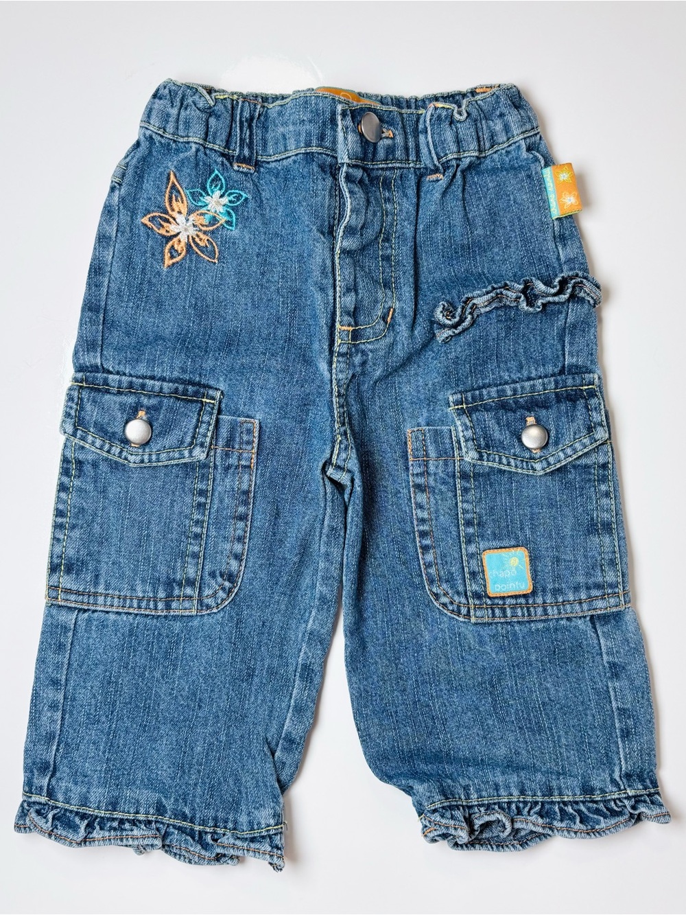 Vintage Y2K Chapô Pointû! Girls Cargo Jeans Embroidered Ruffle Denim Pants 12M